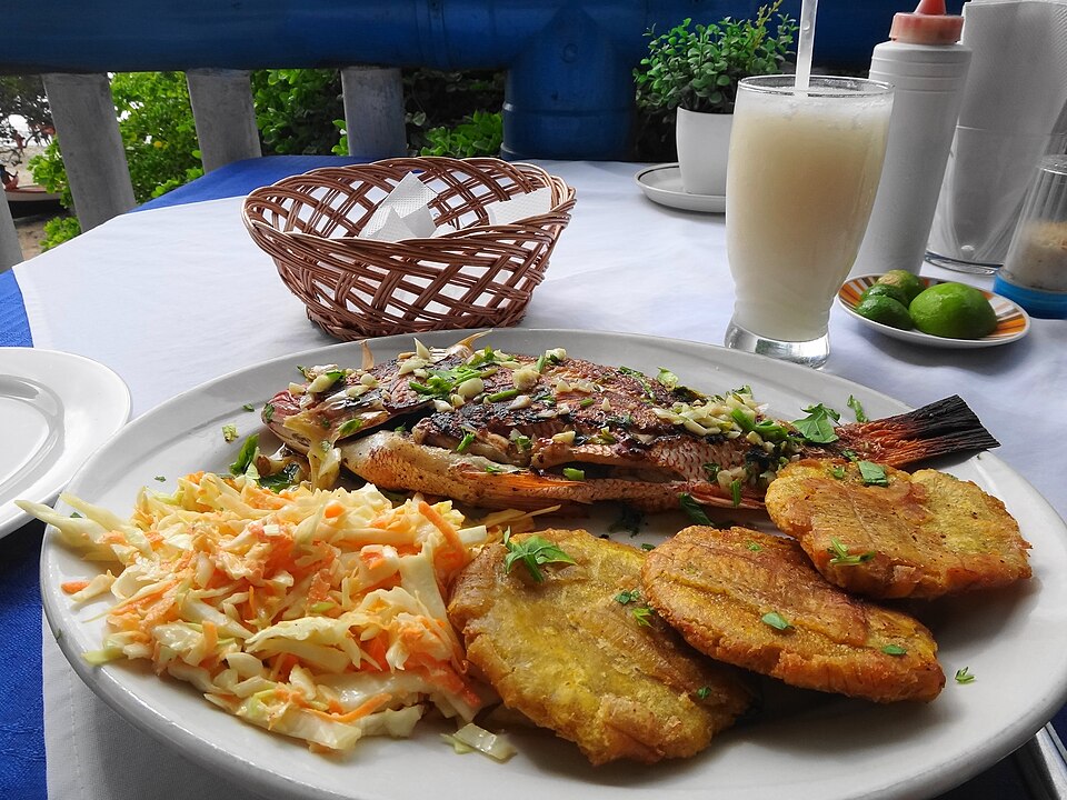 Fried fish with patacones in Colombia